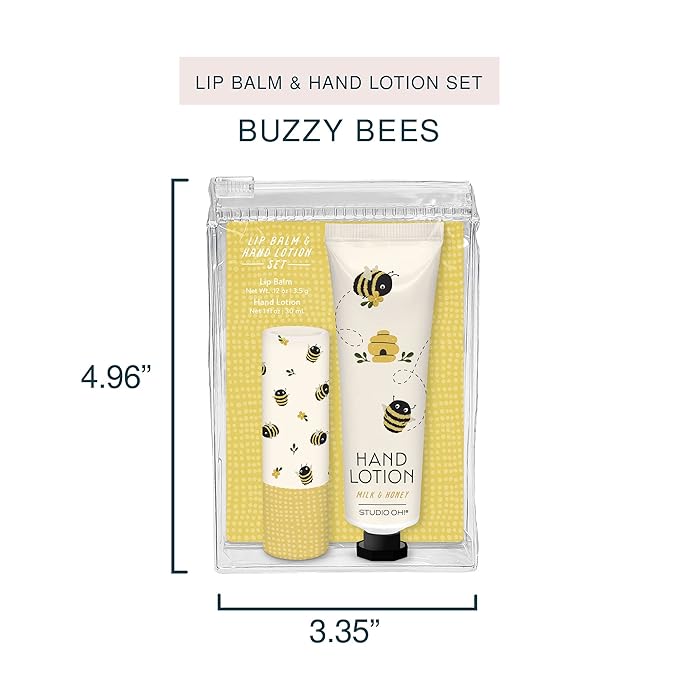 Studio Oh! Lip Balm & Hand Lotion Set - Travel-Size Toiletries, 2-Piece Gift Set - Moisturizing, Portable - Buzzy Bees