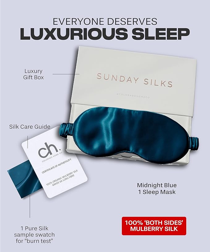 SUNDAYSILKS™ Exclusive Mulberry Silk Sleep Mask | Soft Eye Covers, Blackout Sleeping Mask for Women & Men | Silk Eye Mask for Sleep, Travel, and Relaxation | Antifaz para Dormir [Midnight Blue]