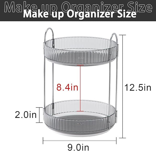 Rotating Makeup Organizer for Vanity, High-Capacity Skincare Clear Make Up Storage Perfume Organizers Cosmetic Dresser Organizer Countertop 360 Spinning (Gray, 2 Tier)