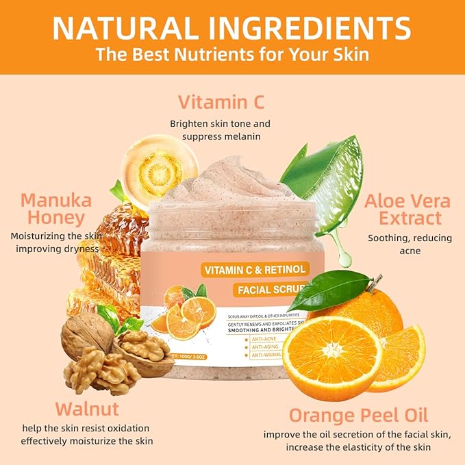 Vitamin C Face Scrub, Exfoliating Facial Wash with Retinol, Facial Scrub,Facial Exfoliating Scrub, Facial Scrubs for Women,Deep Cleansing Face Wash Cleanser for Women Men