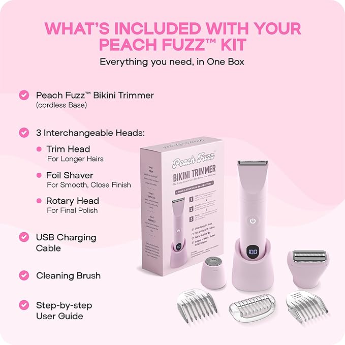 Peach Fuzz™ Bikini Trimmer for Women – 3in1 Body Hair Trimmer, Female Razor for Pubic Hair, Electric Shaver for Private Area, Bikini Line Groomer with Safe, Skin-Friendly Design