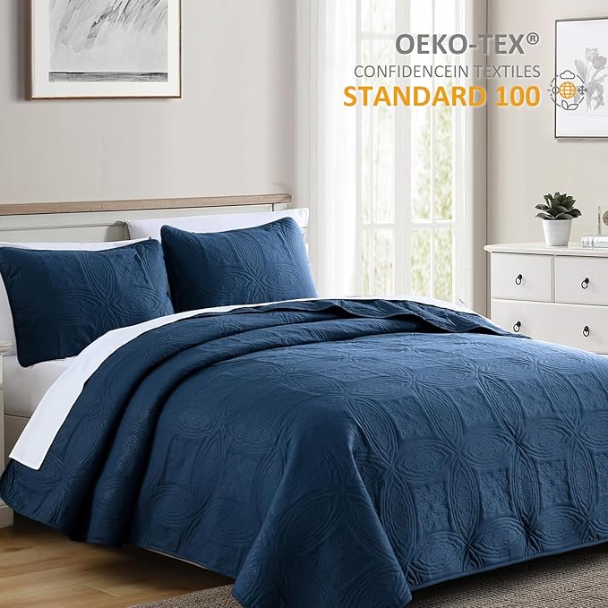 Yiran Navy Blue Quilt Set King Size Lightweight Bedspread Embossed Pattern Soft Microfiber Coverlet for All Season with 2 Pillow Shams (106"x96")