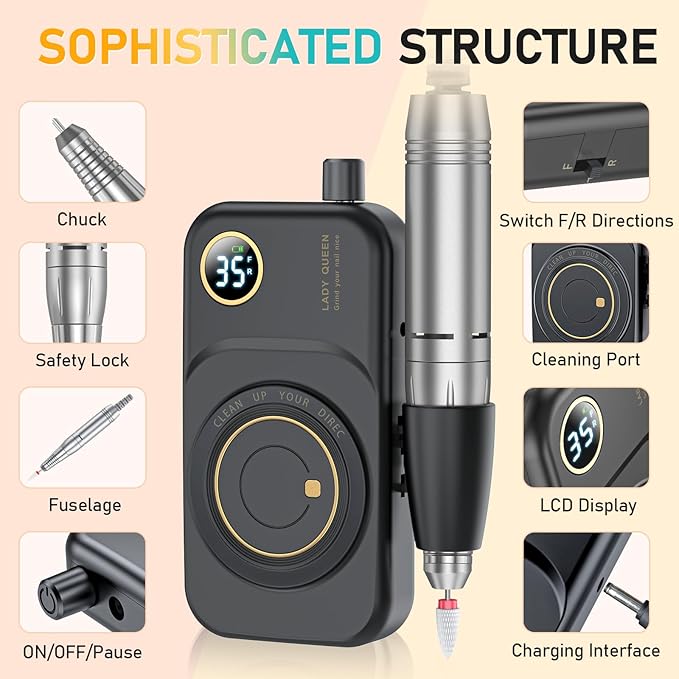 Portable Nail Drill Electric File: 35000RPM Professional Rechargeable Nail E File Machine,for Acrylic Nails Gel Polishing Removing, Cordless Efile with Bits Kit for Manicure Salon Home (White)