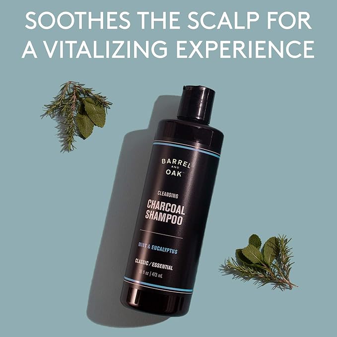 Barrel and Oak - Cleansing Charcoal Shampoo, Clarifying Shampoo, Hair Care for Men, Deep Cleans & Purifies, Hydrates & Soothes Dry Scalp, Essential Oil-Based Scent, Vegan (Mint & Eucalyptus, 16 oz)
