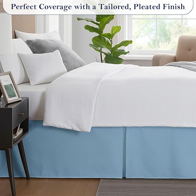 King Bed Skirt, Luxury 12 Inch Drop Light Blue Pleated Bed Skirt, Double Brushed Microfiber, Box Pleat Design, Wrinkle & Fade Resistant, Easy Fit Tailored Bedskirt for King Size Beds