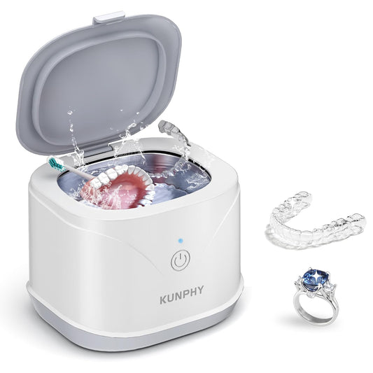 Ultrasonic Retainer Cleaner, KUNPHY 46KHz Professional Ultrasonic Jewelry Cleaner 7.5Oz, Retainer Cleaner Machine for Dentures, Braces, Aligner, Dental Appliances (White)