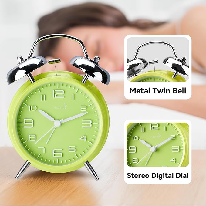 (Loud Alarm for Deep Sleepers 4'' Twin Bell Alarm Clock, Stereo Digital Dial Alarm Clock with Backlight for Bedroom and Home Decoration(Lime Green)