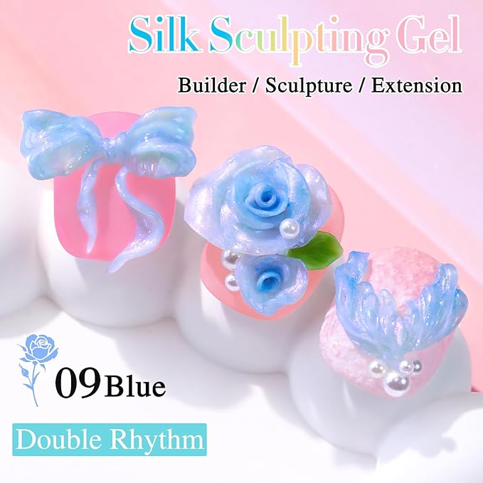Double Rhythm 3D Nail Gel Pearl Solid Sculpting for Nail Art Non-Sticky Hard for Building Carving Molding Extension Soak Off UV/LED Salon Home DIY 0.5 Oz (Blue-Silk 09)