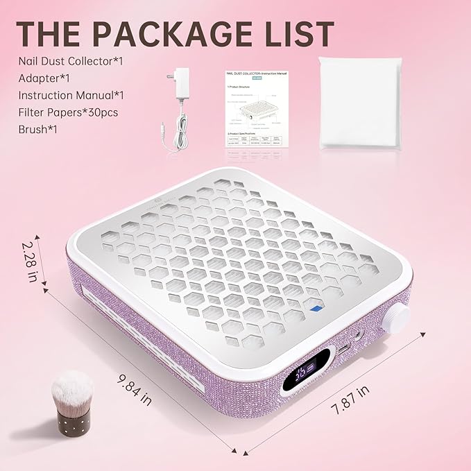 Nail Dust Collector, Rechargeable Dust Collector Nail Tech, Powerful Vacuum Fan Vent Dust Collector Extractor Dust Suction Machine for Acrylic Nails Polishing, Nail Salon&Home,Purple