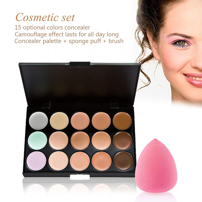 Concealer Palette, 15 Colors Makeup Palette Facial Camouflage Contour Palette with Sponge Puff Oval & Makeup Brush Beauty Make up Cream