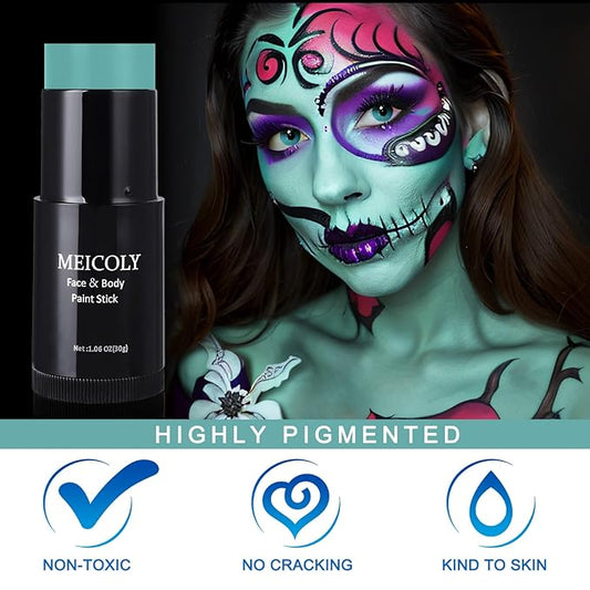 MEICOLY Teal Face Body Paint Stick(1.06 Oz),Cream Blendable Full Body Paint Stick,Peacock Face Paint,Sweatproof Waterproof Face Body Paint Makeup Based Stick for Halloween Special Effects SFX Cosplay