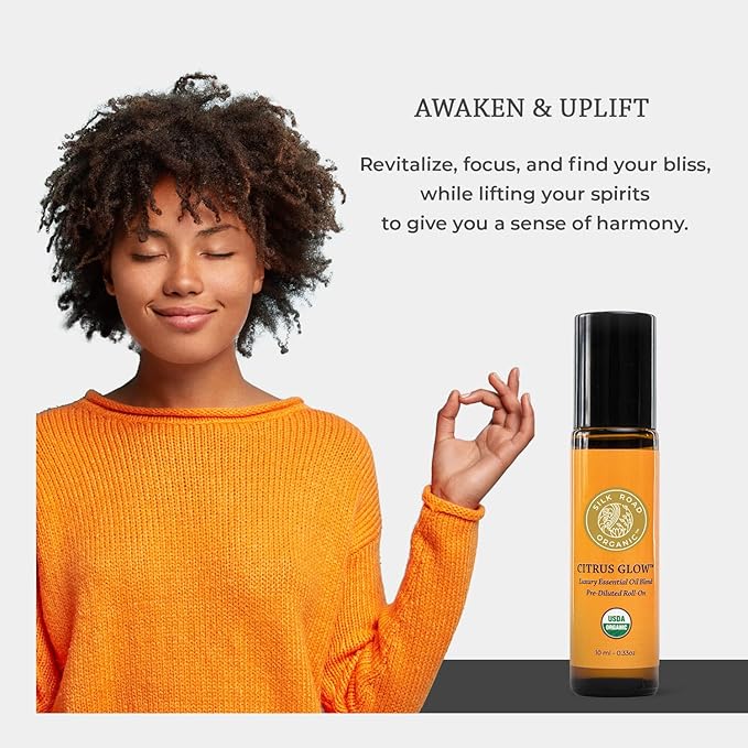Silk Road Organic Citrus Glow Essential Oil Revive Blend Roll On, 100% Pure USDA Certified Citrus & Vanilla - Uplifting, & Energizing - 10 ml Roller - Always Pure, Always Organic