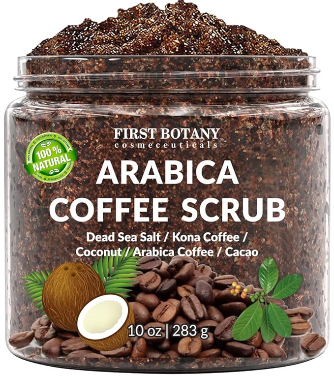 First Botany Cosmeceuticals, 100% Natural Arabica Coffee Scrub with Organic Coffee Coconut & Shea Butter Acne Anti Cellulite & Stretch Mark treatment Spider Vein Therapy, Varicose Veins Eczema, 10 oz