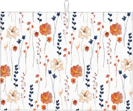 Orange Flower Decorative Dish Drying Mat for Kitchen Counter Watercolor Orange Floral Drying Pad 18x24 Inch Modern Absorbent Reversible Dish Drainer Rack Mats