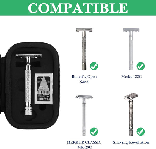Linkidea Durable Hard Shell Shaving Travel Case, Storage Box for Short/Long Handled Razor Blades & Accessories, Compatible with Merkur, Vikings, WEISHI Double Edge Safety Razors (Black)