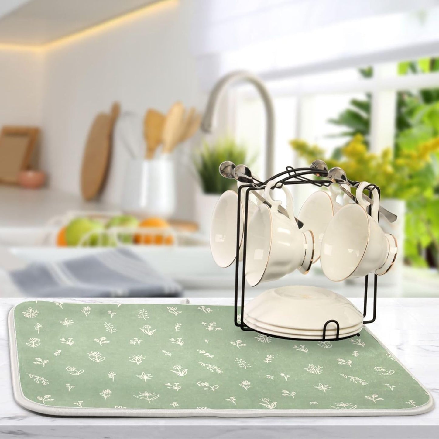 Sage Green Dish Drying Mat Quick Absorbent 16x18 Doodled Botany Flowers Leaves Herbs Plants Kitchen Drying Mat for Countertop Sink Reusable Dishes Mats Kitchen Essentials