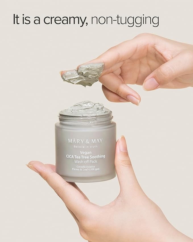 Mary&May Vegan Cica Tea Tree Soothing Wash Off Pack - Natural Centella Clay Mask for Sensitive Skin, Relieves Irritation, Cleanses Pores, and Hydrates, 4.23oz.
