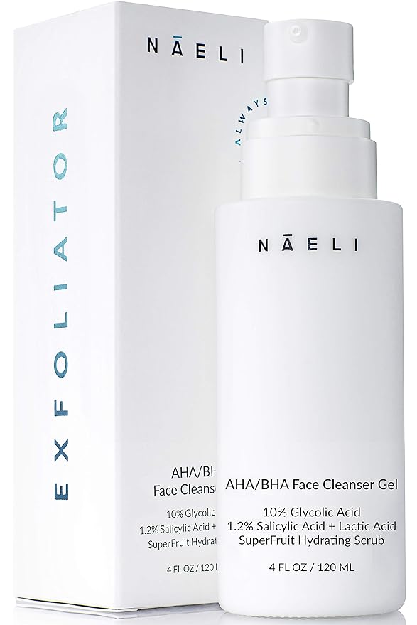 NAELI AHA/BHA Exfoliating Face Wash - 10% Glycolic Acid & Salicylic Acid Cleanser, Anti Aging Acne & Wrinkle Reducing Facial Exfoliant, Pore Minimizer & Brightening Gel, 4 oz