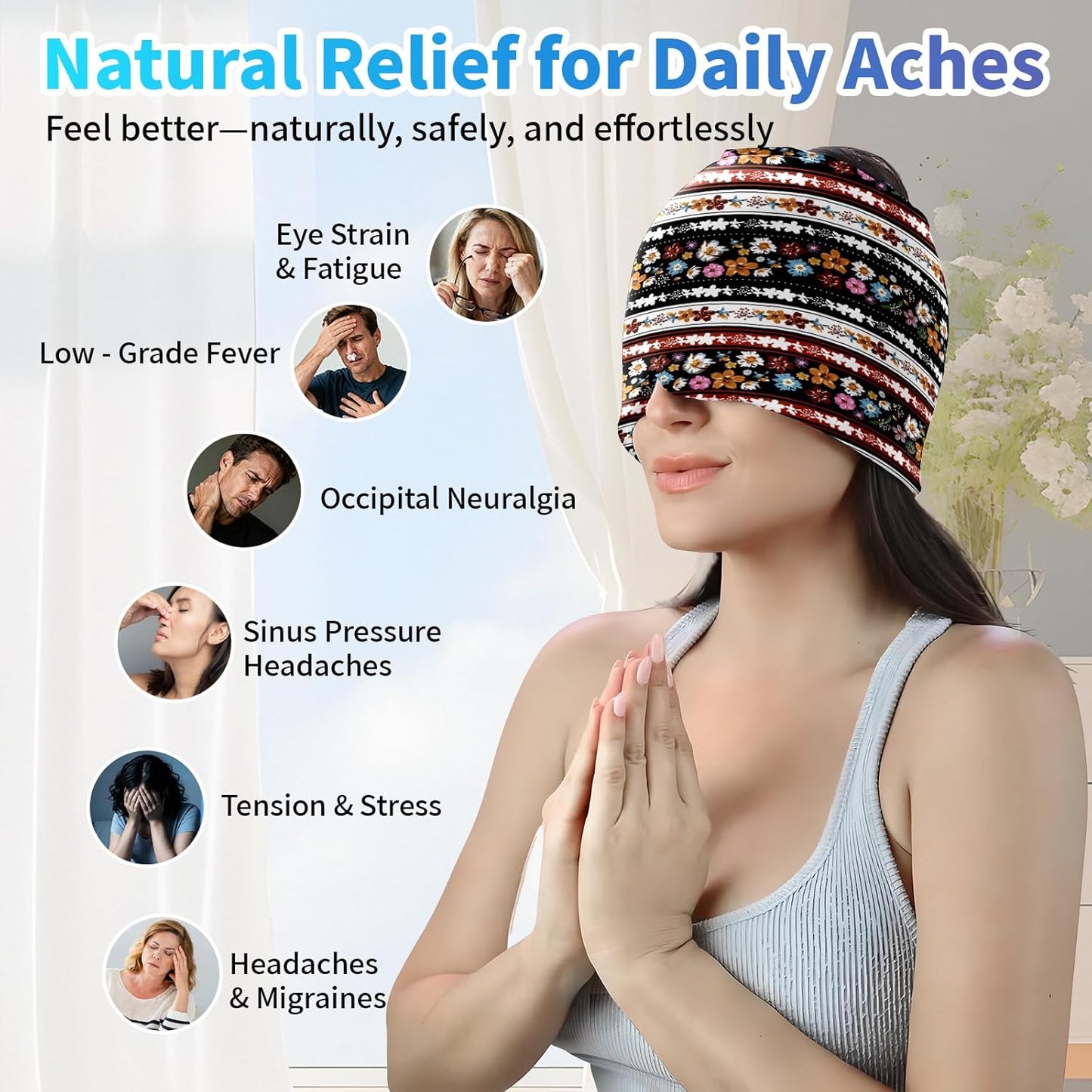 Migraine Relief Cap,Headache Relieve Cap,Black Flowers Reusable Gel Ice Head Wrap Cap for Tension,Stress,Hangover & Puffy Eyes.