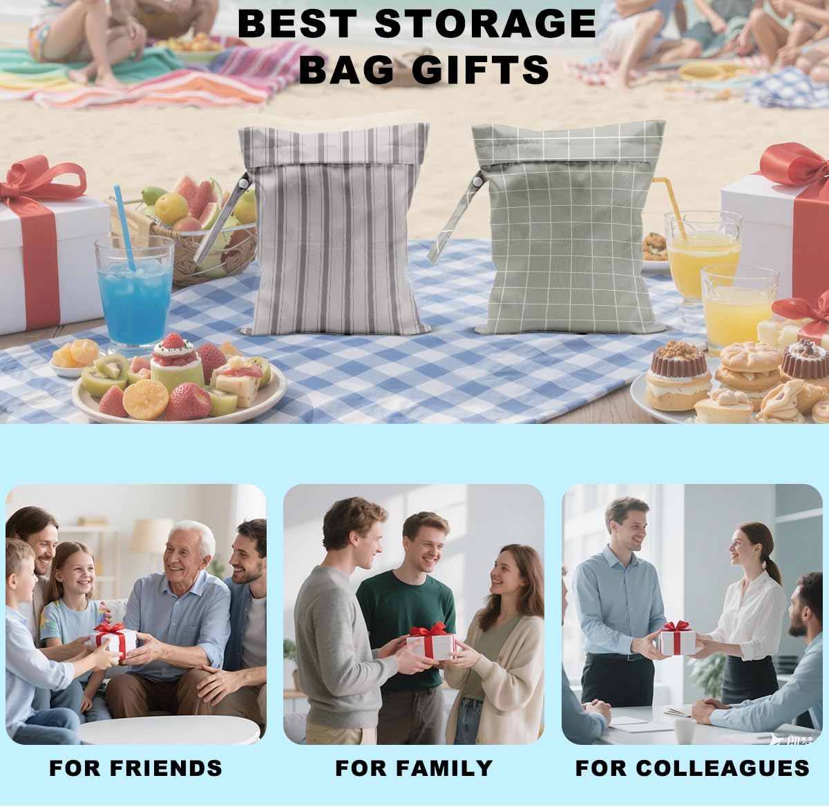 2Pcs Stripe Wet Bag 12x10 Inch, Grid Waterproof Reusable Wet Dry Bags, Rustic Washable Travel Laundry Bags for Swimsuit Pool Beach Diapers Dirty Yoga Gym Clothes, Travel Gifts for Women Friend