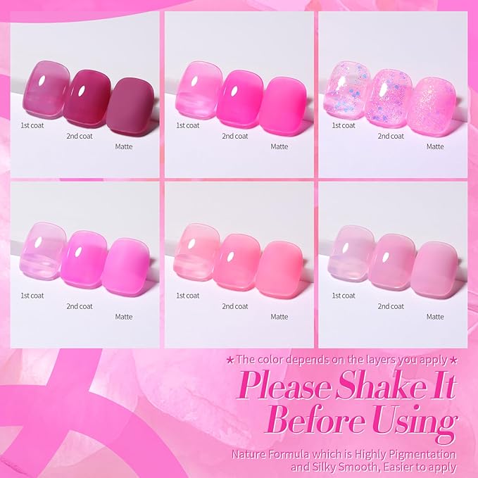 Born Pretty Jelly Gel Nail Polish Set - Milky Jelly Hot Pink Translucent Gel Polish - Spring Summer Neon Pink Valentine's Day Gift 6PCS