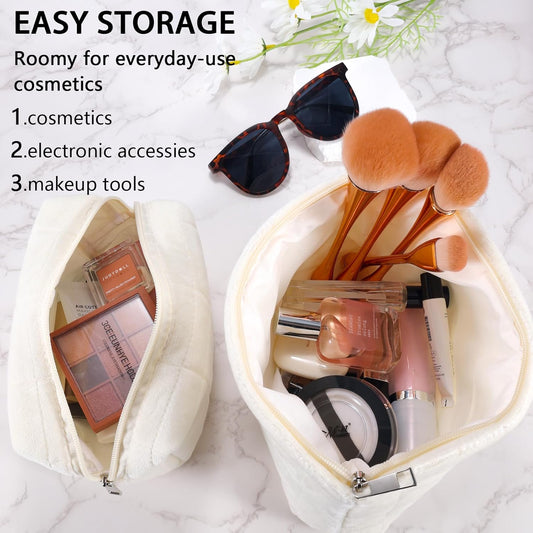ZLFSRQ 2Pcs Makeup Bag for Women Trendy Large Capacity Cosmetic Bags Plush Pencil Case White Checkered Pouch for Purse Coquette Zippered Toiletry Bag Organizer Y2K Aesthetic Pencil Pouch