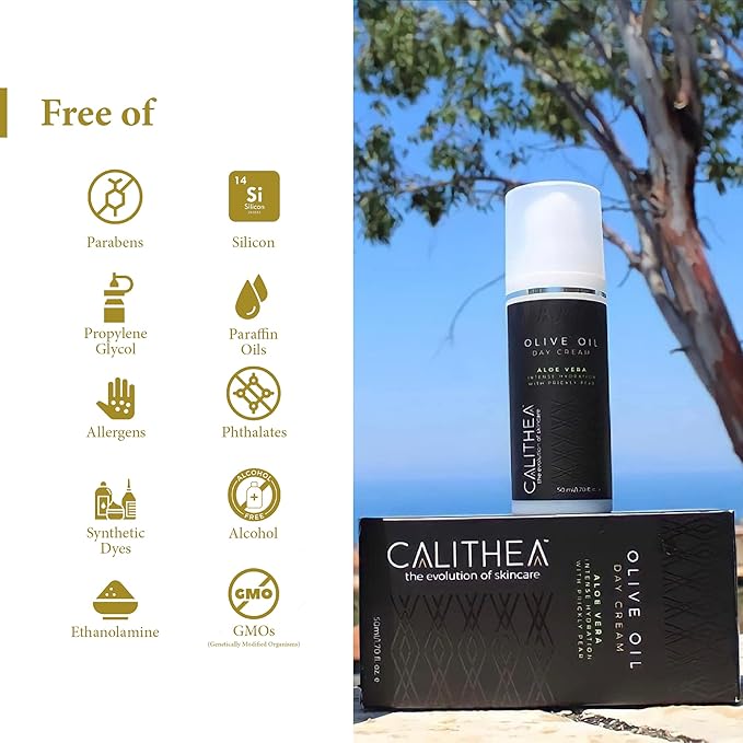 Calithea Day Cream Facial Moisturizer for Healthy, Glowing, Balanced Skin with Aloe Vera, Prickly Pear, Olive Oil