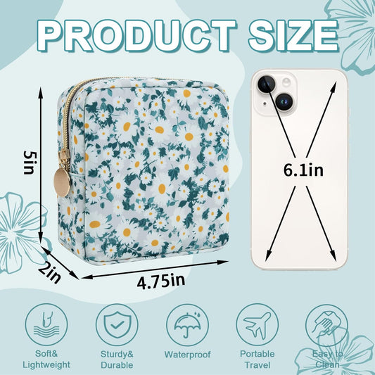 Waterproof Mini Floral Makeup Bag Pouch for Purse,Nylon Flower Cosmetic Travel Bag Small Preppy Toiletry Organizers Bag for Women Girl,Cute Zipper Pouch Coin Purse for Work(Mini Green-Daisy)