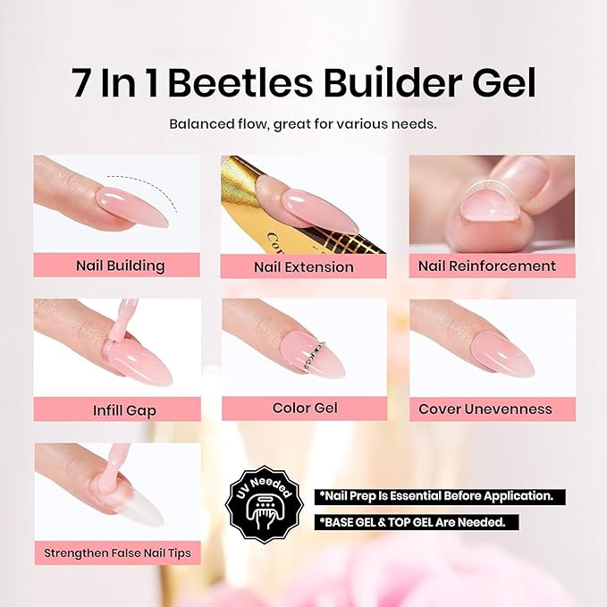 Beetles Builder Gel for Nails, 7 in 1 Pink Building Nail Gel Baby Pink Color Shy Blush Strengthener Gel for Nails Builder Apex & Extension Beauty Gift Sets for Women