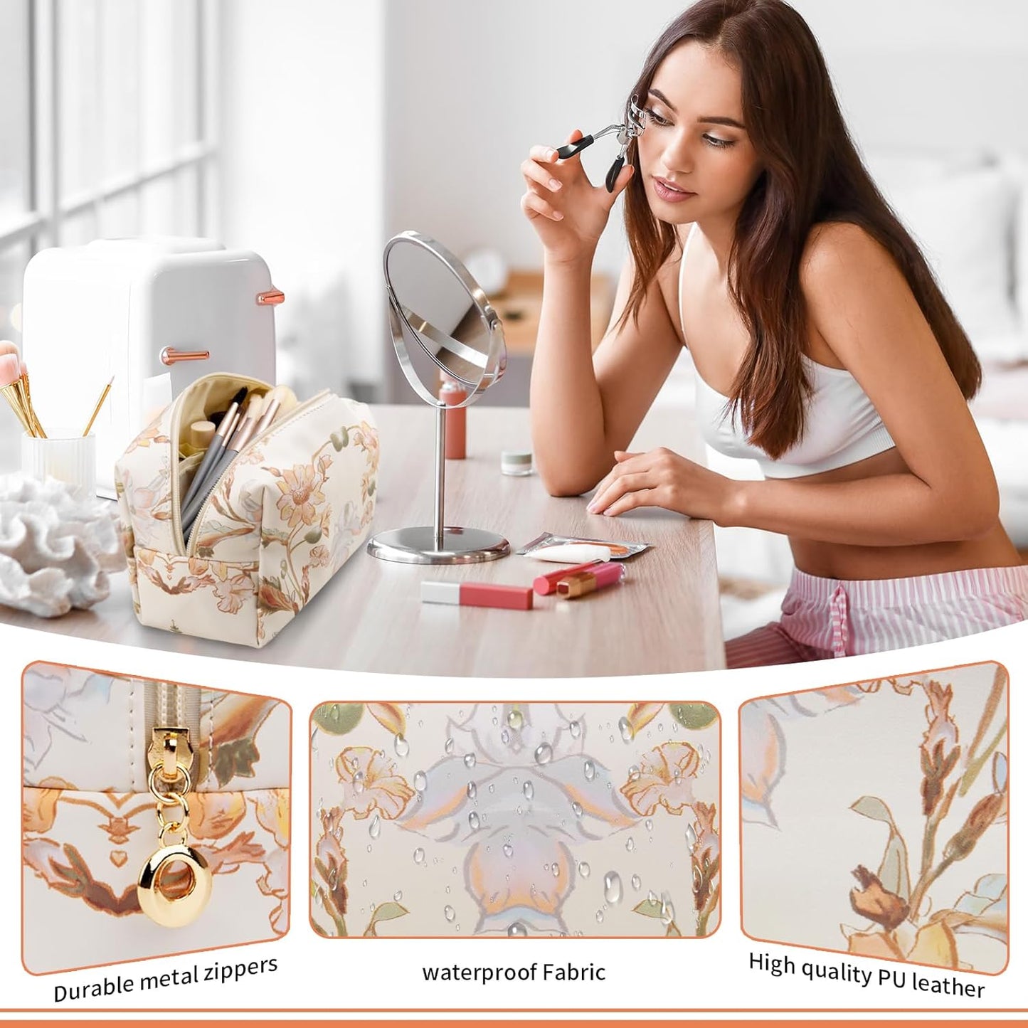 Floral Waterproof Makeup Bag, Leather Cosmetic Bag with Compartments, Zipper Make up Pouch Organizer, Portable Storage Travel Toiletry Bag Gifts for Women Girls(Apricot Flower)