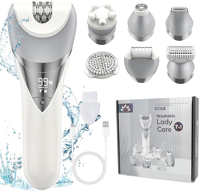 Epilator for Women, 7 in 1 Epilator Hair Removal for Women, Shaver, Bikini, Face Razor, Facial Brush, Face Massage and Body Exfoliator, IPX6 Waterproof Painless Lady Shaver Wet & Dry (White)