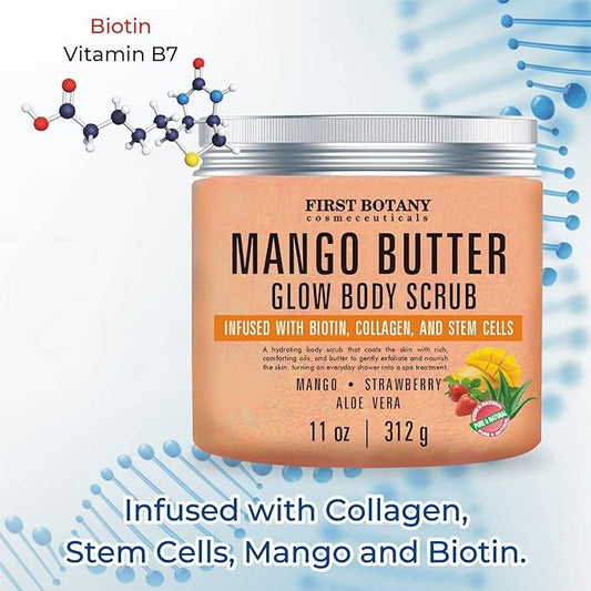 Mango Butter Body Scrub Exfoliator Biotin, Collagen, Stem Cells - Natural Exfoliating Salt Scrub & Body and Face Souffle helps with Moisturizing Skin, Acne, Cellulite, Dead Skin Scars, Wrinkles- 11 oz