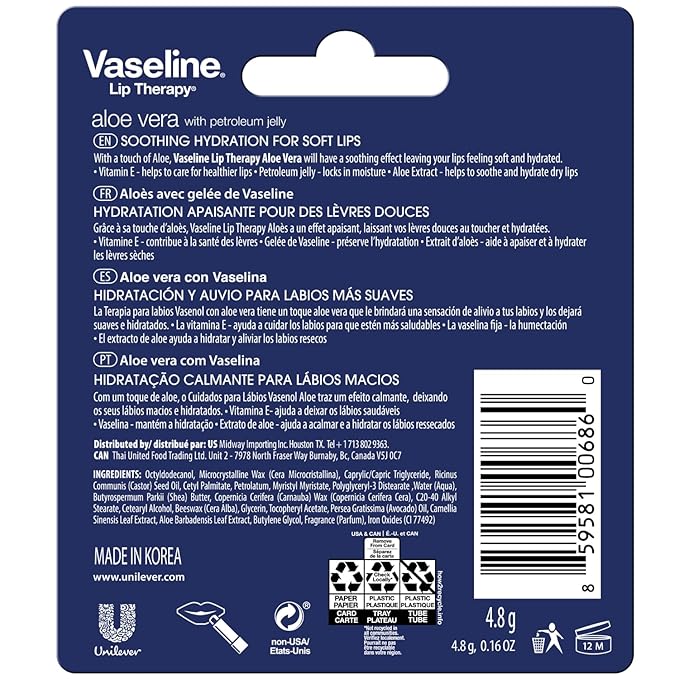 Vaseline Lip Therapy Aloe Fresh - Hydrating Lip Balm Pack, Vaseline Stick, Lip Moisturizer for Dry Lips, 0.16 Oz Each (Pack of 8)
