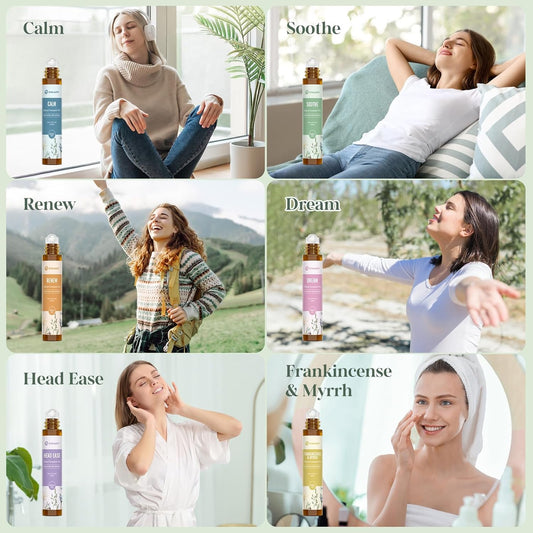 Essential Oil Roll On Set, (Calm,Renew,Dream,Head Relief), Aromatherapy Roll On Blends for Massage, Body Care & Home Use, Stress Relief Gift Men & Women