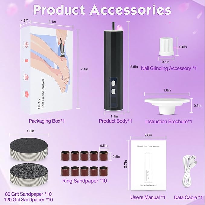 Electric Foot Callus Remover, Electric Foot File Speed Adjustment & Direction of Rotation Controller, Pedicure Tools for Feet with 20Pcs Replacement Sandpaper and 10Pcs Barrel Sandpaper