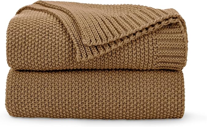CozeCube Caramel Brown Throw Blanket for Couch, Soft Cozy Cable Knit Throw for Bed Sofa Living Room, Lightweight Warm Decorative Farmhouse Christmas Blanket, 50"x60", Light Brown