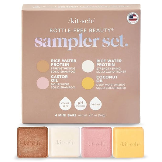 Kitsch Shampoo and Conditioner Set - 4pc Sampler Bars with Rice Water Shampoo and Conditioner, Castor Oil Shampoo & Coconut Oil Conditioner - Bottle-Free Beauty for Hair Growth, Repair & Moisture