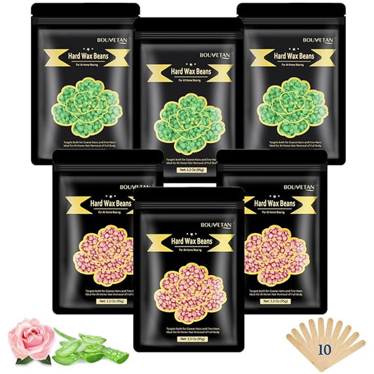 Wax Beads for Hair Removal, Bouvetan 1.3Lb/21oz Hard Wax Beans for Brazilian Waxing, Hard Wax for Eyebrow, Face, Bikini, Legs, Arms for Women Men Hair Removal with 10pcs Spatulas, 6 Packs
