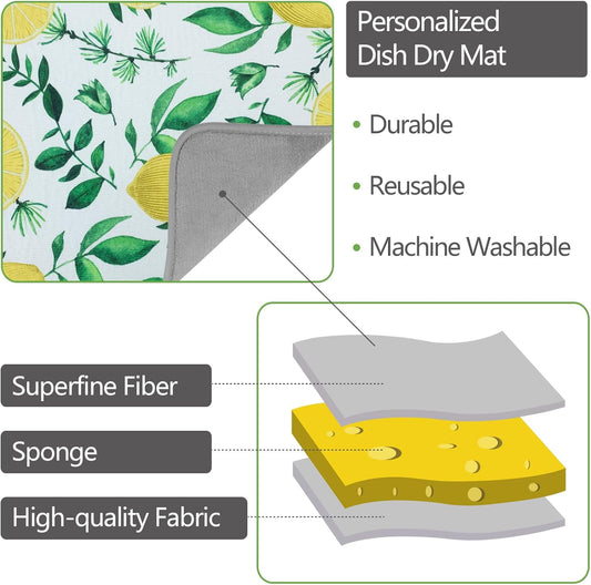 SHIYUE Dish Drying Mat for Kitchen Counter Super Absorbent Spring Kitchen Decor Microfiber Drying Matainers Rack Fast Pad Dish Drainer Mats(Yellow Lemon Green Leaves,18''x24'')