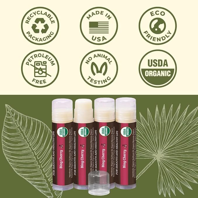 USDA Organic Lip Balm 4-Pack by Earth's Daughter - Cherry Flavor, Beeswax, Coconut Oil, Vitamin E - Best Lip Repair Chapstick for Dry Cracked Lips.