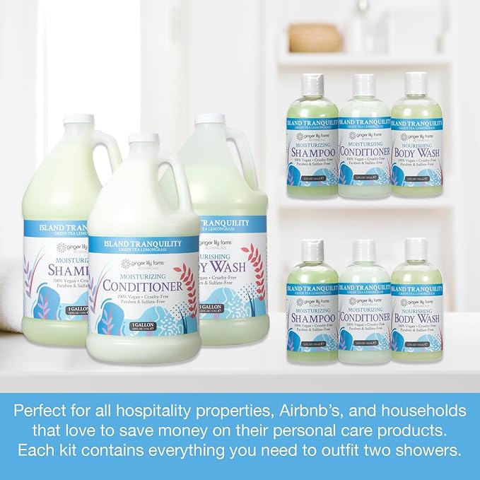 Ginger Lily Farms Botanicals Hospitality Kit, Island Tranquility, 9-Pc Set Includes Shampoo, Conditioner & Body Wash, 100% Vegan & Cruelty-Free, Green Tea Lemongrass Scent