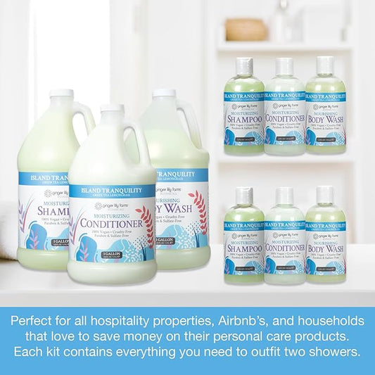 Ginger Lily Farms Botanicals Hospitality Kit, Island Tranquility, 9-Pc Set Includes Shampoo, Conditioner & Body Wash, 100% Vegan & Cruelty-Free, Green Tea Lemongrass Scent