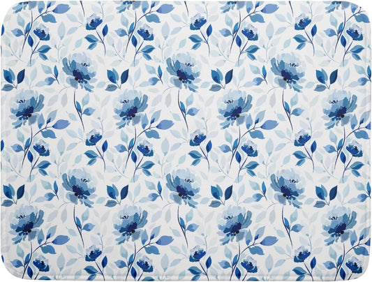 Blue Floral Dish Drying Mat 18x24 inch Flower Leaves Dish Rack Pad Microfiber Washable Dishes Drainer Pad Kitchen Countertop Accessories