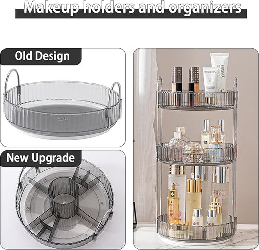 Rotating Makeup Organizer for Vanity, High-Capacity Skincare Clear Make Up Storage Perfume Organizers Cosmetic Dresser Organizer Countertop 360 Spinning (Gray, New-3 Tier)
