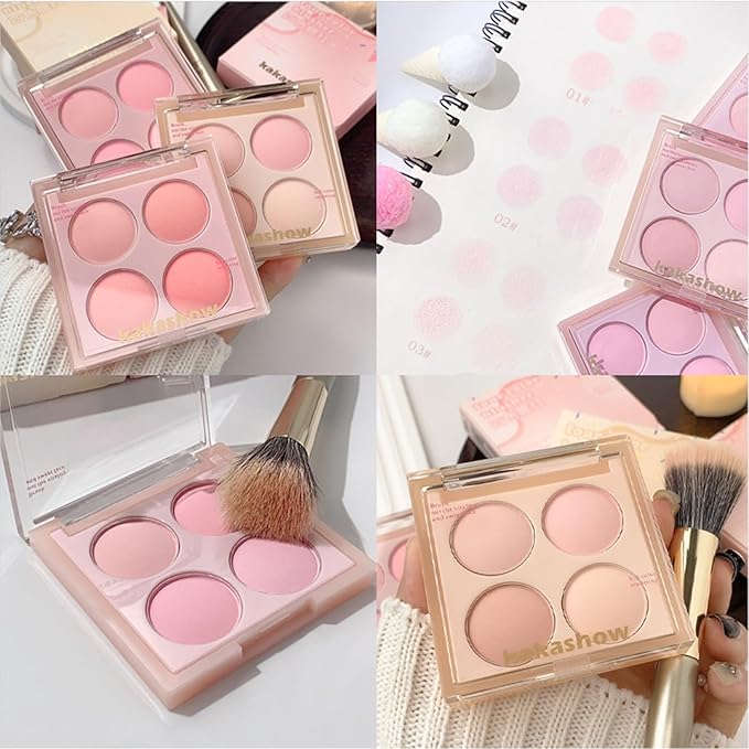 Matte Blush Powder Palette, Blending Mood Cheek, 4 Blendable Shades Korean Fairy Pink Blusher in Lightweight Smooth Powder, Vegan Makeup (Strawberry 1#, 1.84 ounces)