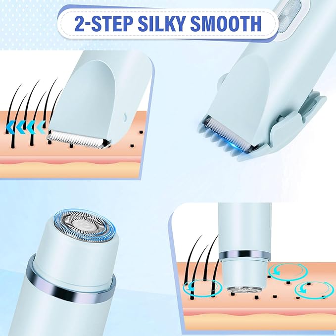 Women's Bikini Trimmer, 2-in-1 Electric Shaver for Bikini Line, Legs, Underarms, Face - Waterproof Women's Electric Shaver for Sensitive Skin, USB Rechargeable (Purple) (Blue)