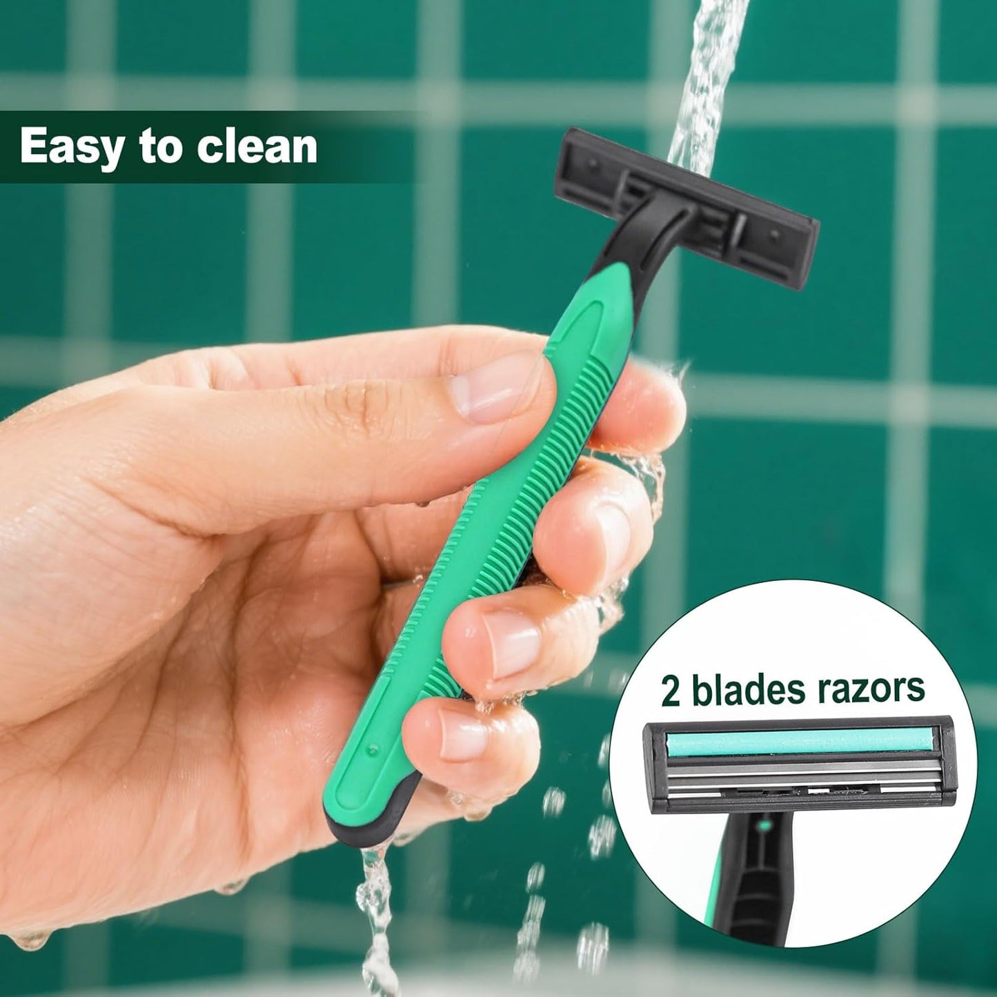 Disposable Twin Blade Razors in Bulk, Individually Wrapped - Clear Safety Cap, For Homeless, Hotel, Airbnb, Travel (pack of 50,green)