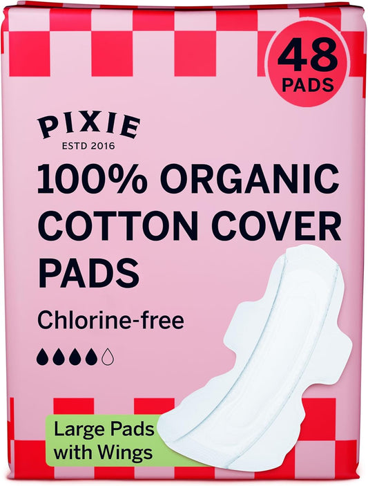 Pixie Organic Cotton Large Pads for Women - Extra Heavy Absorbency with Wings - Leak-Proof, Hypoallergenic & Unscented - Compostable, Biodegradable - 48 Count