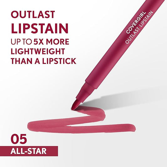 COVERGIRL Outlast, 05 All-Star, Lipstain, Smooth Application, Precise Pen-Like Tip, Transfer-Proof, Satin Stained Finish, Vegan Formula, 0.06oz