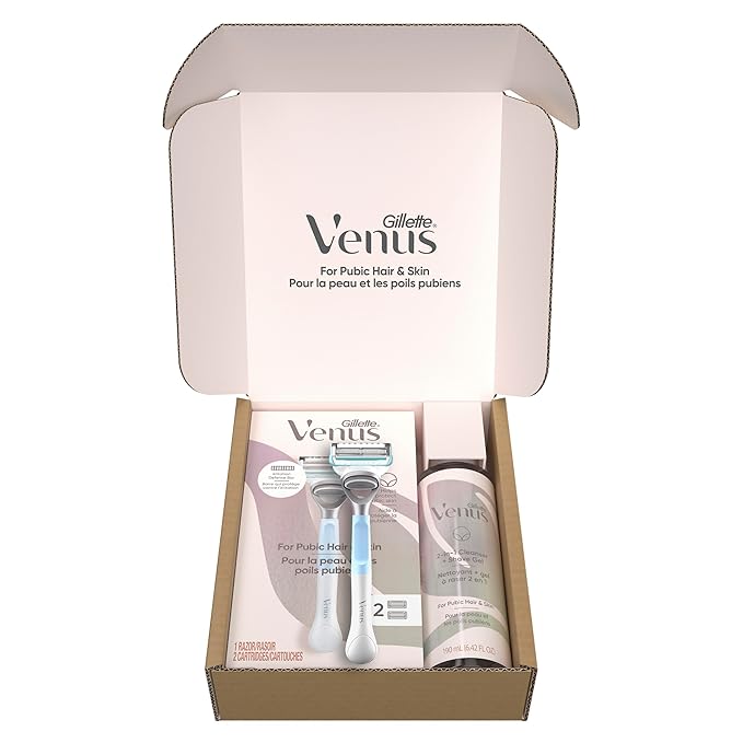 Gillette Venus for Pubic Hair and Skin Shaving Set, Women’s Razor, 1 Handle + 2 Blade Refills + 2-in-1 Cleanser